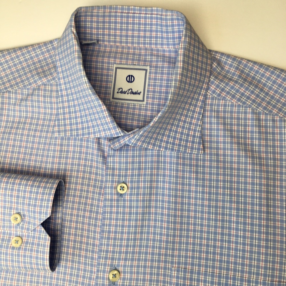 David Donahue Mens Dress Shirt XL Blue White Red Check Button‎ Front
